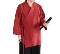 YEBAITOU Hommes Style Chinois Manches Sept Quarts Hanfu Traditionnel Fente Latérale Simple Chemise Zen Rurale, A-Wine, M