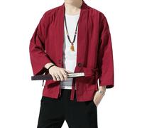 YEBAITOU Hommes Style Chinois Manches Sept Quarts Hanfu Traditionnel Fente Latérale Simple Chemise Zen Rurale, C-Wine, L