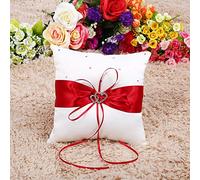 Yechiry Coussin D'alliance carré, Design Double Cœur, pour Mariage (Rouge)