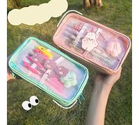 Yechiry Trousse à Crayons en PVC Transparent avec Motif de Dessin animé Mignon, Sac de Rangement de Stylos de Grande capacité pour Fournitures de Bureau pour écoliers et étudiants (Trois Ours Verts)