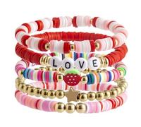 Yecomsy Ensemble de bracelets empilables en argile polymère fraise Heishi coloré - Bracelet bohème élastique - Pour l'été et la plage - Bijoux superposés pour femmes et filles, Small, Métal, Pas de