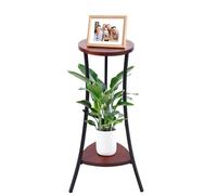Yedcxup Support de plantes haut à 2 niveaux pour intérieur et extérieur | étagère d'angle ronde en bois avec panneau en noyer et cadre en métal noir, support moderne pour pot de fleurs pour salon
