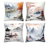 Yeecer Housse de Coussin 50x50 cm Peinture de Paysage à l'encre Décoratifs Taies d'oreiller Coussins de Carré avec Fermeture éclair Invisible Lot de 4 Canapé Housses de Coussin de Décoratives