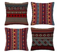 Yeecer Housse de Coussin 50x50cm Rayures Rouges Ethniques Taies d'oreiller en Velours Coussins de Carré Canapé Décoratifs Lot de 4 Housses de Coussin Décoratives Moderne