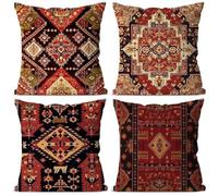 Yeecer Housse de Coussin 50x50cm Rouge Ethnique Vintage Taies d'oreiller en Velours Coussins de Carré Canapé Décoratifs Lot de 4 Housses de Coussin Décoratives Moderne