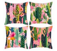 Yeecer Housse de Coussin Cactus Rose Vert 55x55cm,Lot de 4 Décoratives pour canapé Taie d'oreiller,Moderne Housse de Coussin en Velours pour Patio Extérieur Jardin Blench Salon