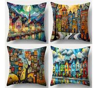 Yeecer Housse de Coussin Maisons de Ville colorées 55x55cm,Lot de 4 Décoratives pour canapé Taie d'oreiller,Moderne Housse de Coussin en Velours pour Patio Extérieur Jardin Blench Salon