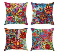 Yeecer Housse de Coussin Oiseaux et Fleurs de Dessins animés 65x65cm,Lot de 4 Décoratives pour canapé Taie d'oreiller,Moderne Housse de Coussin en Velours pour Patio Extérieur Jardin Blench Salon
