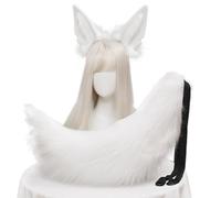 YEEFAIRY Set de Oreilles Animales Réalistes et Queue de Renard Serre-tête pour Cosplay Queue de Chien/Loup Floue et Flexible en Métal Accessoires pour Convention d'Anime et Fêtes, Blanc