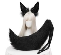 YEEFAIRY Set de Oreilles Animales Réalistes et Queue de Renard Serre-tête pour Cosplay Queue de Chien/Loup Floue et Flexible en Métal Accessoires pour Convention d'Anime et Fêtes, Noir
