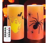 Yeelida Halloween Bougie LED sans flamme, fantôme et araignée, bougies LED en cire véritable avec télécommande et minuterie (7,5x15 CM, lot de 2)