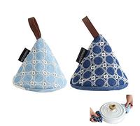 Yeemeen 2PCS Mini Gant de Four Bleu Broderie à la Main Petit Gants de Cuisine Résistant à Chaleur Gants de Barbecue Coton Doublure Manique de Cuisine Oven Gloves pour Gril, Cuisine, Cuire, Micro-Ondes