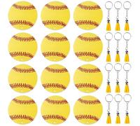 yeeplant Lot de 12 porte-clés en acrylique avec anneaux en métal pour personnalisation à faire soi-même, avec coutures rouges et breloques à pompons, étiquettes de sac de softball jaunes, cadeaux de