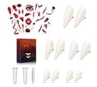 Yeerain Dents de Vampire 5 Paires, 4 Tailles Différentes, avec 3 Tatouages Temporaires Halloween et 2 Tubes de Colle Dentaire - Accessoires de Fête Cosplay et Halloween