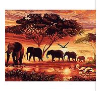 Yeerum DIY 5D Diamond Painting Le Coucher du Soleil L'éléphant Complet Accessoires, Afrique Broderie Peinture Diamant Painting Kit Complet Point De Croix Strass Décoration De La Maison 30x40 cm