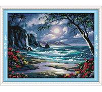 YEESAM ART Kit de broderie au point de croix non estampillé pour adultes, bord de mer, lune et mer, 14 ct au compté, non imprimé, décoration murale
