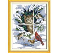 YEESAM ART Nouveau Point de Croix Kits de Broderie au Avancée - Chat et Oiseau Bird 14 Comptage 30×37 cm Blanc Toile - Travaux d'aiguille Noël Cadeaux