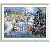 YEESAM ART Nouveau Point de Croix Kits de Broderie au Avancée - Christmas Noël Célébrations 14 Comptage 52×40 cm Blanc Toile - Travaux d'aiguille Noël Cadeaux