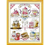 YEESAM ART Nouveau Point de Croix Kits de Broderie au Avancée - L'heure du thé 14 Comptage 36×44 cm Blanc Toile - Travaux d'aiguille Noël Cadeaux