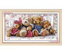 YEESAM ART Nouveau Point de Croix Kits de Broderie au Avancée - Ours la Famille 14 Comptage 54×31 cm Blanc Toile - Travaux d'aiguille Noël CadeauxR