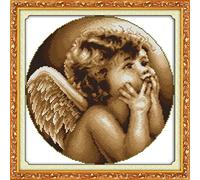 YEESAM Art® nouveaux Kits de point de croix Advanced - mignon petit ange 14 fils 35 × 35 cm Blanc sur toile - Needlework cadeaux de Noël