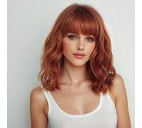 YEESHEDO 14 Pouces perruque femme auburn courte bob perruques avec naturel frange, peruque afro brésilienne de cheveux bouclés ondulés de couleur naturelle Rouge cuivré