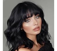YEESHEDO 14 Pouces perruque femme courte bob perruques avec naturel frange, peruque afro brésilienne de cheveux bouclés ondulés de couleur naturelle noire