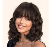 YEESHEDO 14 Pouces perruque femme courte bob perruques avec naturel frange, peruque afro brésilienne de cheveux bouclés ondulés de couleur naturelle brun foncé