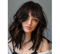 YEESHEDO 14 Pouces perruque femme courte bob perruques avec naturel frange, peruque afro brésilienne de cheveux bouclés ondulés de couleur naturelle noir avec marron