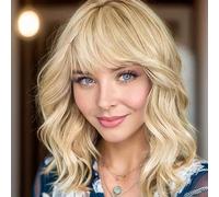 YEESHEDO 14 Pouces perruque femme courte bob perruques avec naturel frange, peruque afro brésilienne de cheveux bouclés ondulés de couleur naturelle blonde