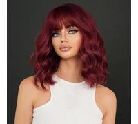 YEESHEDO 14 Pouces perruque femme courte bob perruques avec naturel frange, peruque afro brésilienne de cheveux bouclés ondulés de couleur naturelle vin rouge