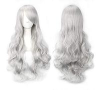 YEESHEDO 28"/70cm Gris Argent Bouclé Perruque Femme, Longue Ondulée Gris Blanc Synthétique Cheveux, Cosplay Anime Perruques (Gris Argent)
