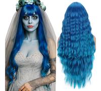 YEESHEDO Longue Bouclé Ombre Bleu Perruque pour Femme, Naturelle Charmant Blue Couleur Synthétique Perruques Cheveux avec Frange pour Cosplay Party ou Quotidien 30 pouces