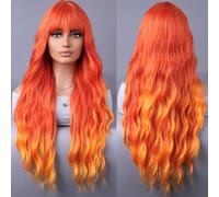 YEESHEDO Longue Bouclé Ombre Couleur Orange Rouge Perruque pour Femme, Naturelle Synthétique Perruques Cheveux avec Frange pour Cosplay Party ou Quotidien 30 pouces