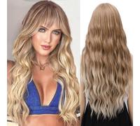 YEESHEDO Longue Bouclé Ombre Marron Blond Couleur Perruque pour Femme, Naturelle Synthétique Perruques Cheveux avec Frange Cosplay Party ou Quotidien 30 pouces