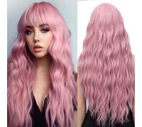 YEESHEDO Longue Bouclé Rose Couleur Perruque pour Femme, Naturelle Synthétique Rose Rouge Perruques Cheveux avec Frange pour Cosplay Party ou Quotidien 30 pouces