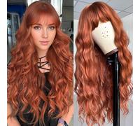 YEESHEDO Longue Bouclé Rouge Auburn Perruque pour Femme, Naturelle Gingembre Orange Sombre Couleur Synthétique Cheveux avec Frange pour Cosplay Party 30 pouces