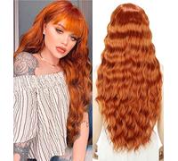 YEESHEDO Longue Bouclé Rouge Orange Perruque pour Femme, Naturelle Gingembre Auburn Couleur Synthétique Cheveux avec Frange pour Cosplay Party 30 pouces
