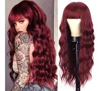 YEESHEDO Longue Bouclé Vin Rouge Perruque avec Frange pour Femme, Synthétique Brésilien Naturelle Rouge Foncé Perruques Cheveux pour Fête Cosplay Party ou Quotidien 30 pouces