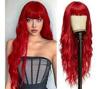 YEESHEDO Or Rouge Longue Bouclé Perruque pour Femme Naturelle Cheveux Ondulés Synthétiques Fibre Résistantes chaleur avec Frange pour Cosplay Party Halloween 30 pouces