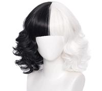 YEESHEDO perruque cruella courte Bob perruque noire et blanche ondulée perruque femme noire et moitié blanche synthétique résistante à la chaleur pour cosplay Halloween