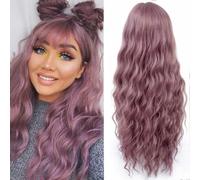 YEESHEDO Perruque Longue Bouclé Violet pour Femme, Couleur Lavande Violette Naturelle Synthétique Perruques Cheveux avec Frange pour Fête Cosplay Party ou Quotidien 30 pouces