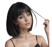 YEESHEDO Perruque Noire Perruques de Cheveux Raides Pour Bob Pour Les Femmes Carré Court Sexy, Perruque Marron à Frange Droite Longueur d'épaule Avec Bonnet de Cheveux Inclus