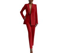 Yegirlzs Tailleur Femme 2 Pièces Chic et Elegant Blazer Veste à Manches Longues Slim Fit Formel Bureau Travail Pantalon Costumes Revers Manteau Ensemble Blazer OL Tailleur A21 Rouge M
