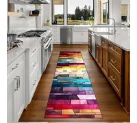 YEGRFJIS Tapis de Couloir coloré Aspect Pierre, Motif à Carreaux Abstrait en 3D, antidérapant, Lavable en Machine, Motif Planches de Bois Arc-en-Ciel pour Salon et entrée (130x150cm/Multicolore)