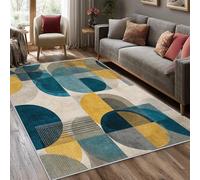 YEGRFJIS Tapis de Salon Moderne Style Milieu du siècle avec Motif géométrique Abstrait Vintage Bleu et Jaune Antique, Lavable, et antidérapant, Tapis de Chevet, décoration de Chambre (190x250cm)