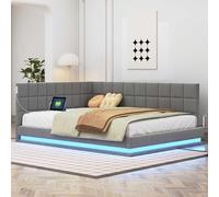 YEHTOKHOME Canapé-lit 140x200 cm Multifonctionnel Avec Éclairage LED et Prise USB, Rembourré Avec Dossier et Sommier à Lattes, Double en Tissu Velours (Sans Matelas) (Gris 2)