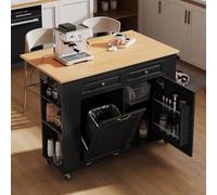 YEHTOKHOME Îlot Central Cuisine avec Station de Charge, Desserte de Cuisine avec Plans de Travail Extensibles, 2 Tiroirs, 2 Portes, Poubelle Intégrée, Porte Serviettes (E-Noir)