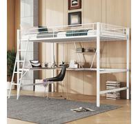 YEHTOKHOME Lit loft en métal 90x200cm avec étagères, Multifonctionnel Simple lit avec Bureau en L et échelle,Garde-Corps(sans Matelas) (Blanc)