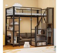 YEHTOKHOME Lit Mezzanine Multifonctionnel avec Armoire,Espace de Rangement et escalier,Moderne lit loft en métal avec étagère de Rangement et Garde-Corps(sans Matelas) (Noir, 90x200cm)